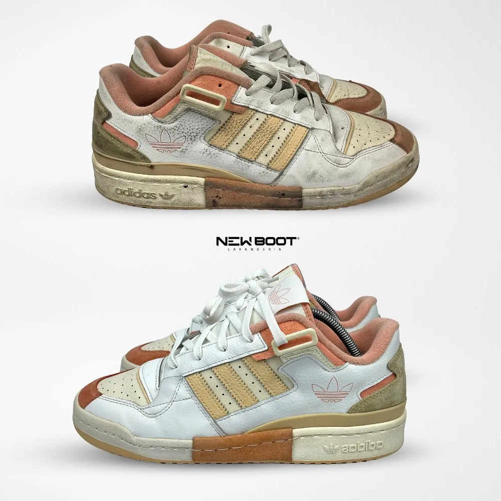 Antes e depois de um Adidas Forum restaurado na New Boot